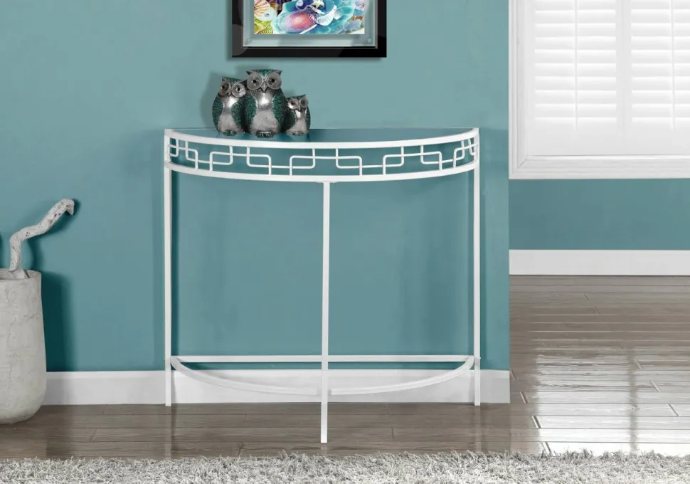 Accent Table, Console, Entryway, Narrow, Sofa, Living Room, Bedroom, Clear Tempered Glass, White Metal, Contemporary, Modern