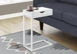 Accent Table, C-shaped, End, Side, Snack, Storage Drawer, Living Room, Bedroom, White Laminate, White Metal, Contemporary, Modern