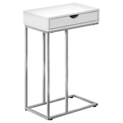 Accent Table, C-shaped, End, Side, Snack, Storage Drawer, Living Room, Bedroom, White Laminate, Grey Metal, Contemporary, Modern