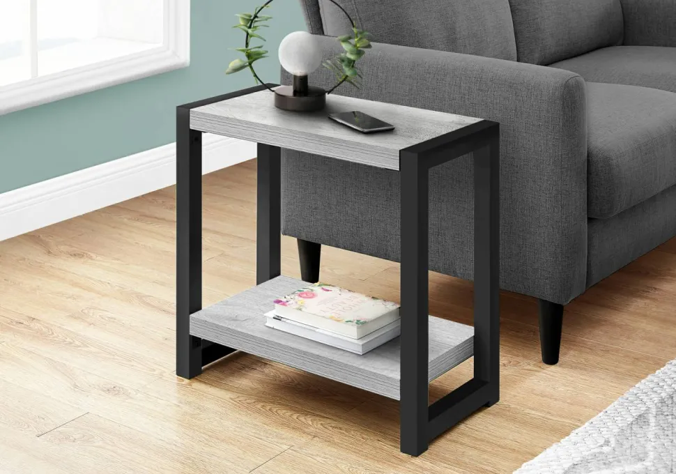 Accent Table, Side, End, Narrow, Small, 2 Tier, Living Room, Bedroom, Grey Laminate, Black Metal, Contemporary, Modern