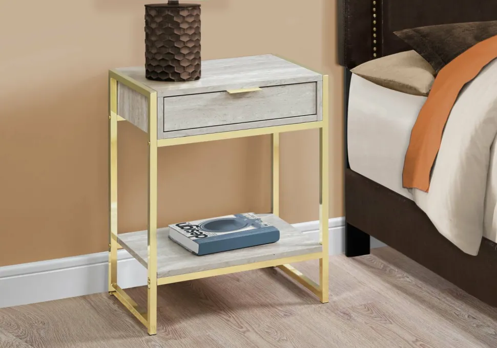 Accent Table, Side, End, Nightstand, Lamp, Storage Drawer, Living Room, Bedroom, Beige Marble Look Laminate, Gold Metal, Contemporary, Modern