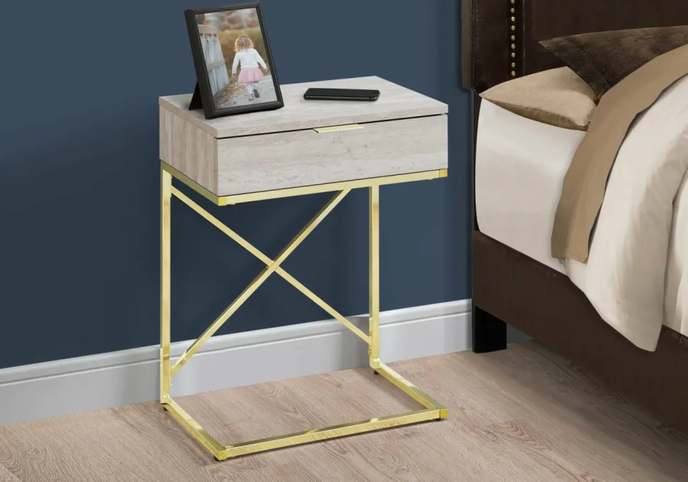 Accent Table, Side, End, Nightstand, Lamp, Storage Drawer, Living Room, Bedroom, Beige Marble Look Laminate, Gold Metal, Contemporary, Modern