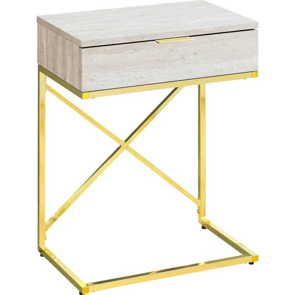 Accent Table, Side, End, Nightstand, Lamp, Storage Drawer, Living Room, Bedroom, Beige Marble Look Laminate, Gold Metal, Contemporary, Modern