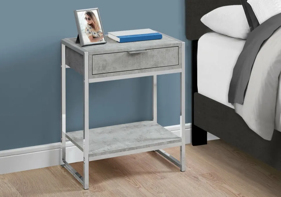 Accent Table, Side, End, Nightstand, Lamp, Storage Drawer, Living Room, Bedroom, Grey Laminate, Chrome Metal, Contemporary, Modern