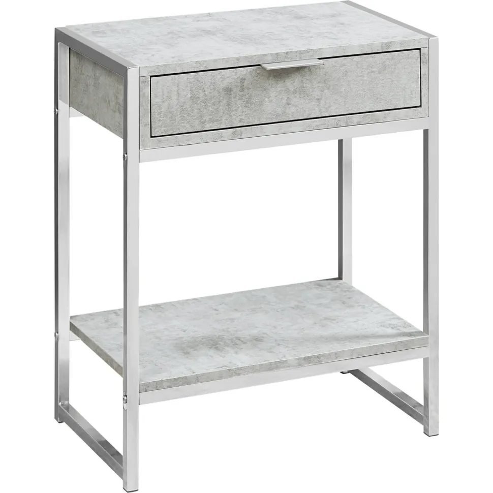 Accent Table, Side, End, Nightstand, Lamp, Storage Drawer, Living Room, Bedroom, Grey Laminate, Chrome Metal, Contemporary, Modern
