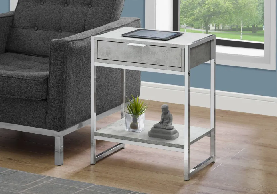 Accent Table, Side, End, Nightstand, Lamp, Storage Drawer, Living Room, Bedroom, Grey Laminate, Chrome Metal, Contemporary, Modern