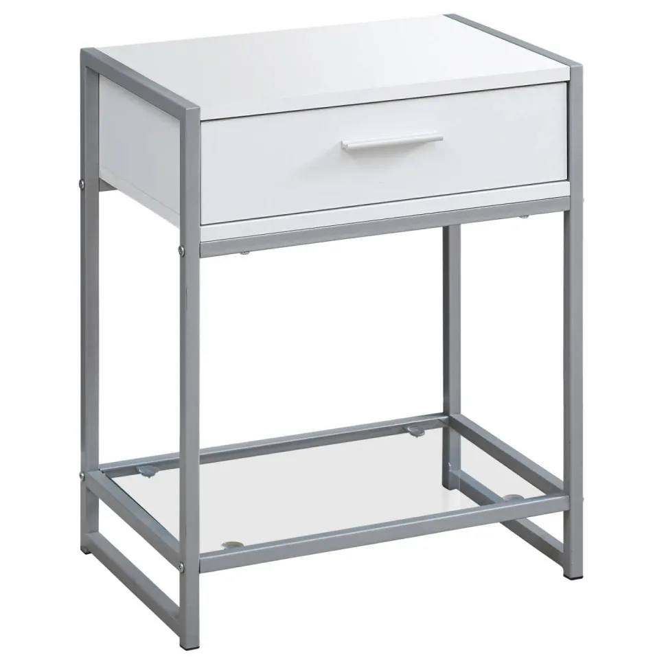Accent Table, Side, End, Nightstand, Lamp, Storage Drawer, Living Room, Bedroom, White Laminate, Grey Metal, Contemporary, Modern