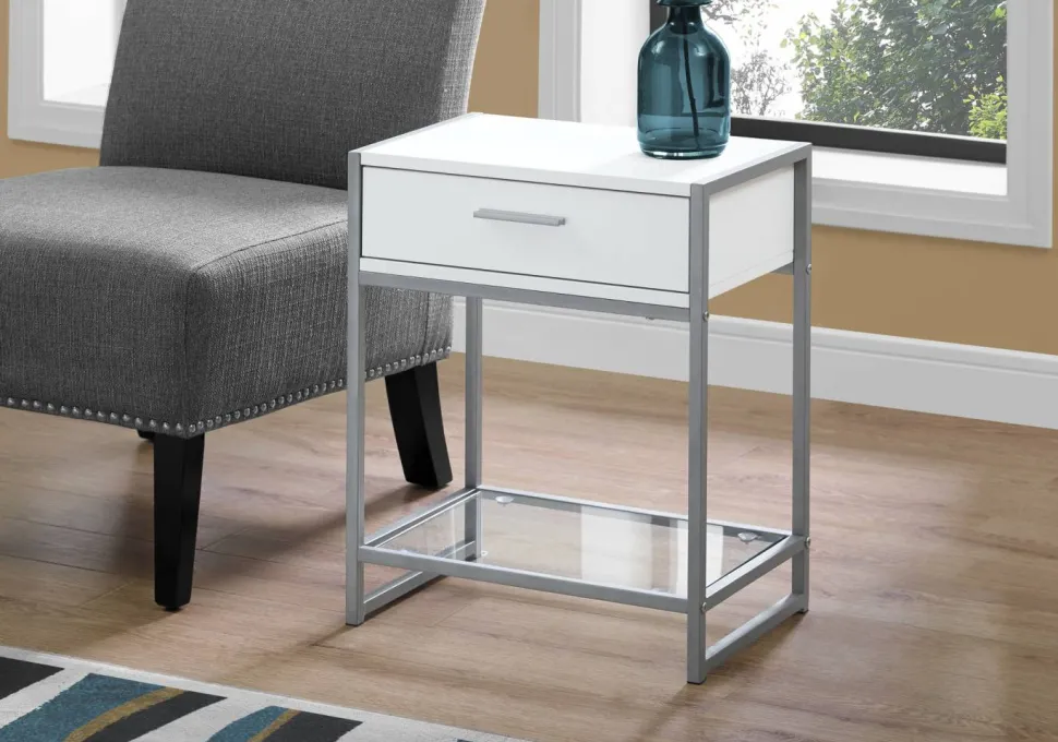 Accent Table, Side, End, Nightstand, Lamp, Storage Drawer, Living Room, Bedroom, White Laminate, Grey Metal, Contemporary, Modern