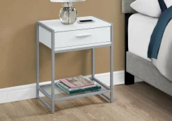 Accent Table, Side, End, Nightstand, Lamp, Storage Drawer, Living Room, Bedroom, White Laminate, Grey Metal, Contemporary, Modern