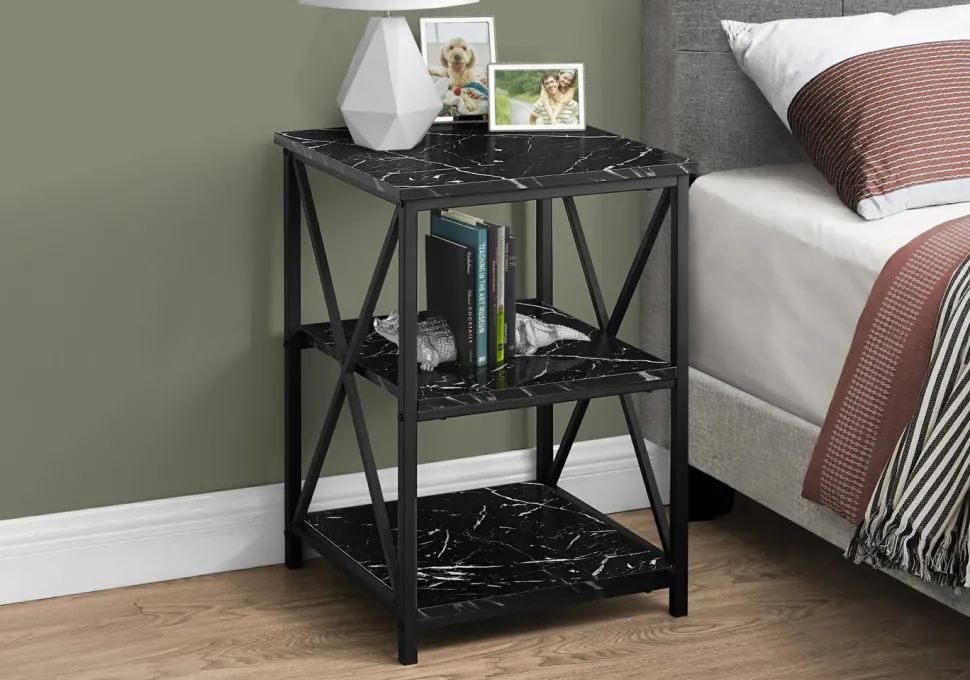Accent Table, Side, End, Nightstand, Lamp, Living Room, Bedroom, Black Marble Look Laminate, Black Metal, Contemporary, Modern