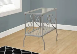 Accent Table, Side, End, Nightstand, Lamp, Living Room, Bedroom, Clear Tempered Glass, Grey Metal, Traditional