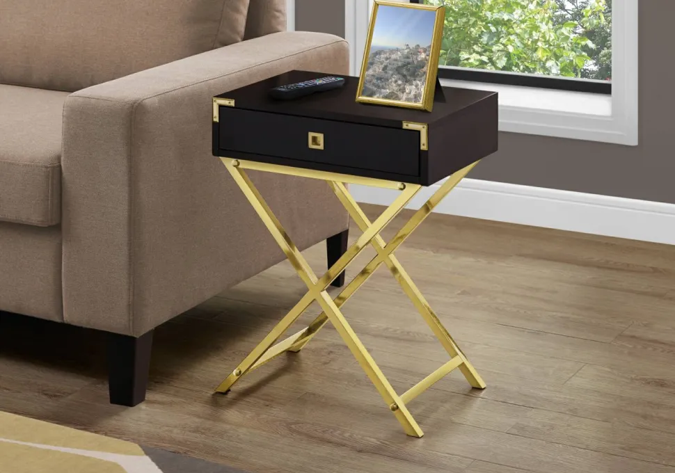 Accent Table, Side, End, Nightstand, Lamp, Storage Drawer, Living Room, Bedroom, Brown Laminate, Gold Metal, Contemporary, Modern