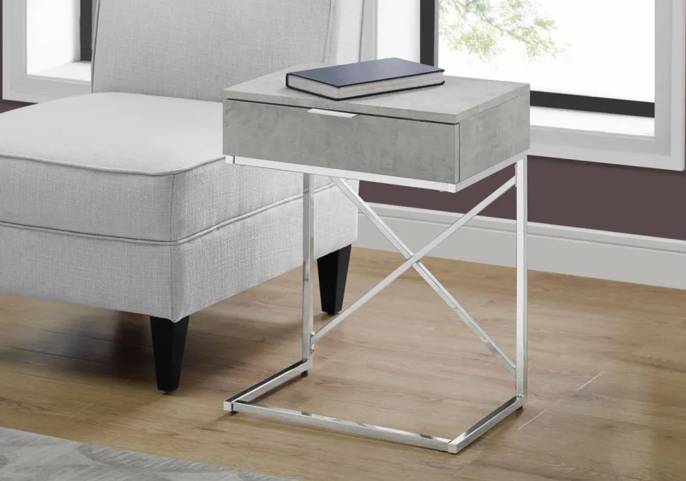 Accent Table, Side, End, Nightstand, Lamp, Storage Drawer, Living Room, Bedroom, Grey Laminate, Chrome Metal, Contemporary, Modern
