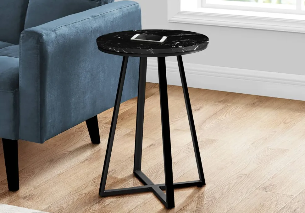 Accent Table, Side, Round, End, Nightstand, Lamp, Living Room, Bedroom, Black Marble Look Laminate, Black Metal, Contemporary, Modern