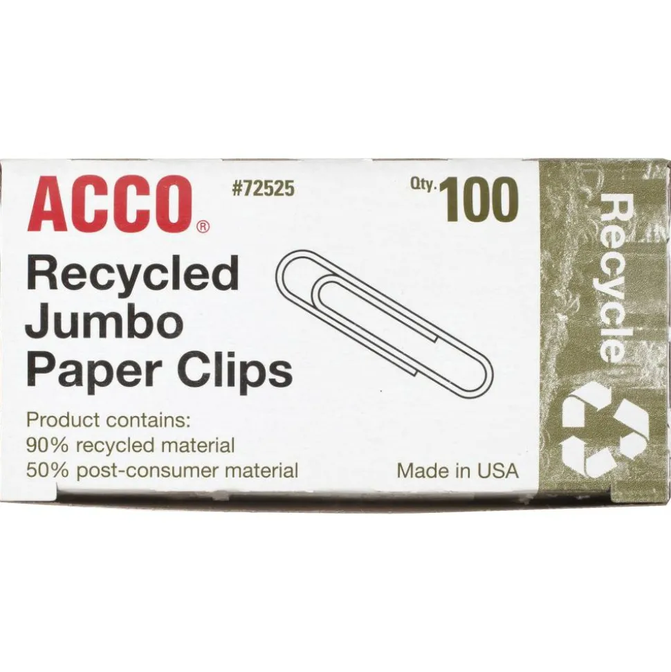 ACCO Paper Clips, Box Of 100, Jumbo, 90% Recycled, Silver