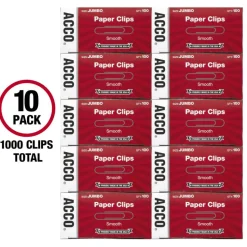 ACCO Paper Clips, Jumbo, Smooth, Silver, 20-Sheet Capacity, 100 Clips/Box, 10 Boxes/Pack