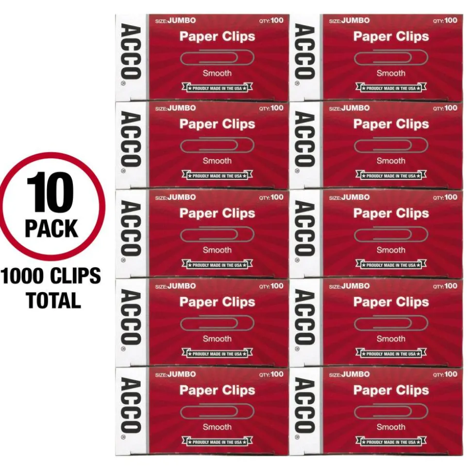 ACCO Paper Clips, Jumbo, Smooth, Silver, 20-Sheet Capacity, 100 Clips/Box, 10 Boxes/Pack