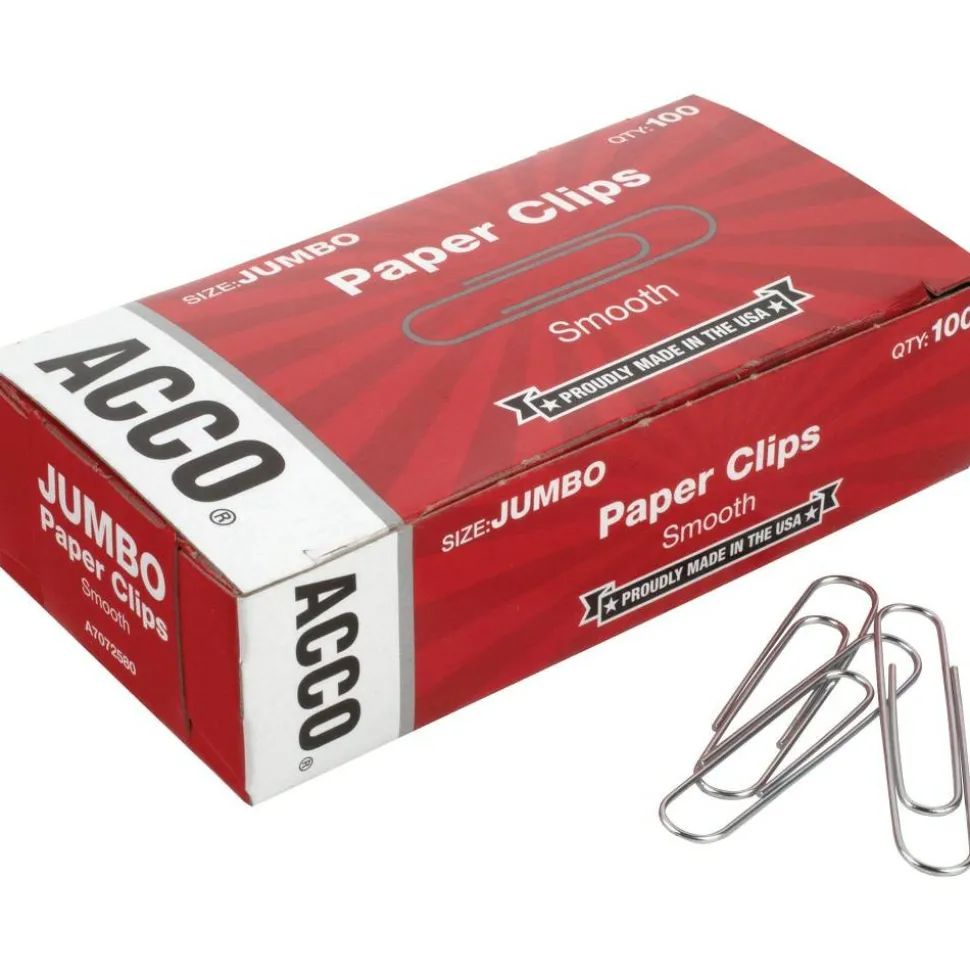 ACCO Paper Clips, Jumbo, Smooth, Silver, 20-Sheet Capacity, 100 Clips/Box, 10 Boxes/Pack