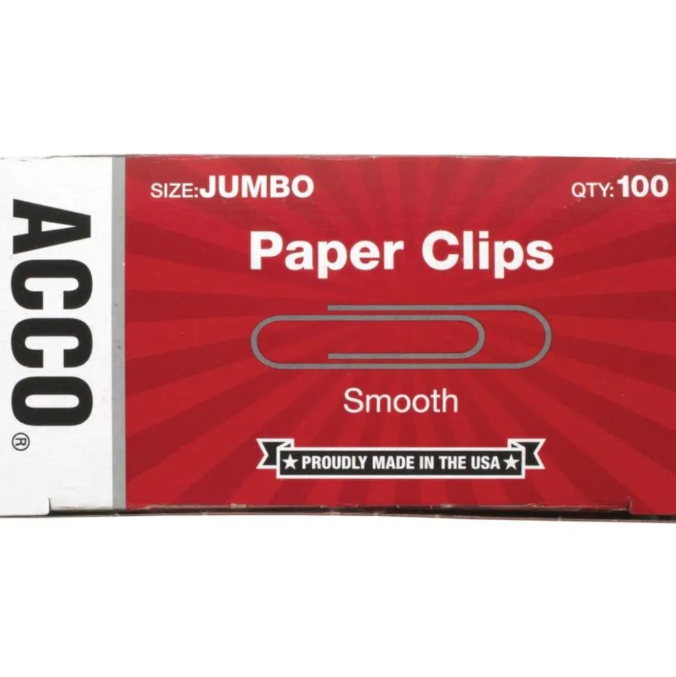ACCO Paper Clips, Jumbo, Smooth, Silver, 20-Sheet Capacity, 100 Clips/Box, 10 Boxes/Pack