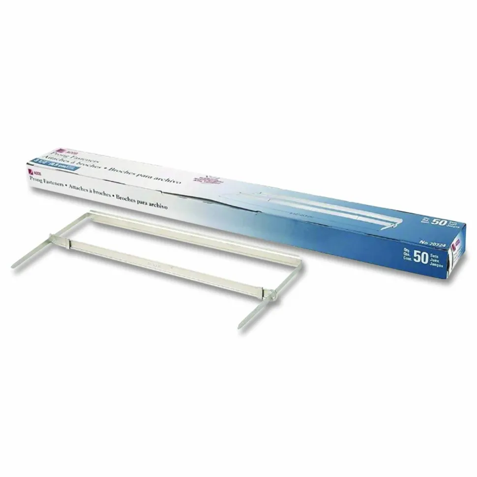 ACCO Premium Two-Piece Two-Prong Paper Fastener Base and Compressor Sets, 3" Capacity, 8.5" Center to Center, Silver, 50/Box
