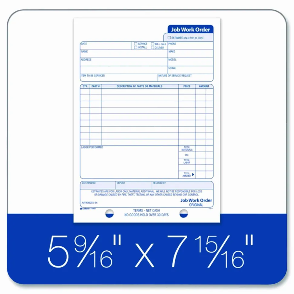 Adams Carbonless Job Work Order Book, 5 9/16" x 8 7/16", 3-Part, White/Canary/White Tag