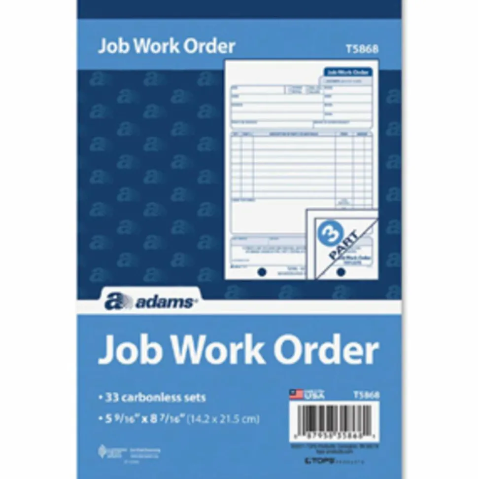 Adams Carbonless Job Work Order Book, 5 9/16" x 8 7/16", 3-Part, White/Canary/White Tag