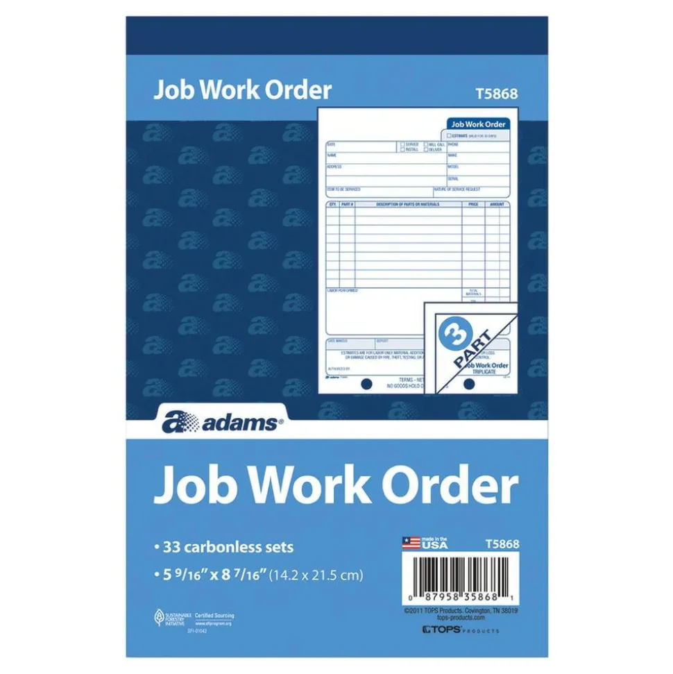 Adams Carbonless Job Work Order Book, 5 9/16" x 8 7/16", 3-Part, White/Canary/White Tag