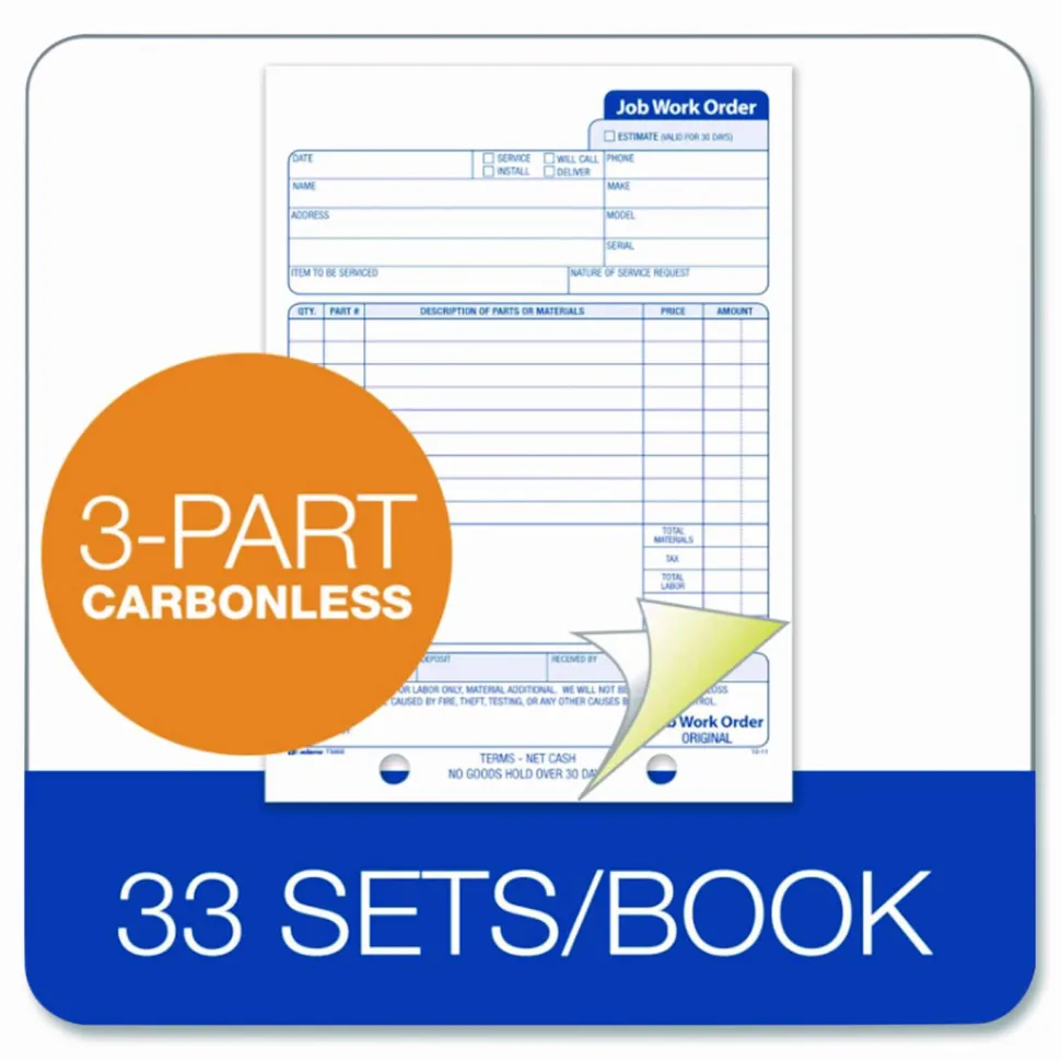 Adams Carbonless Job Work Order Book, 5 9/16" x 8 7/16", 3-Part, White/Canary/White Tag