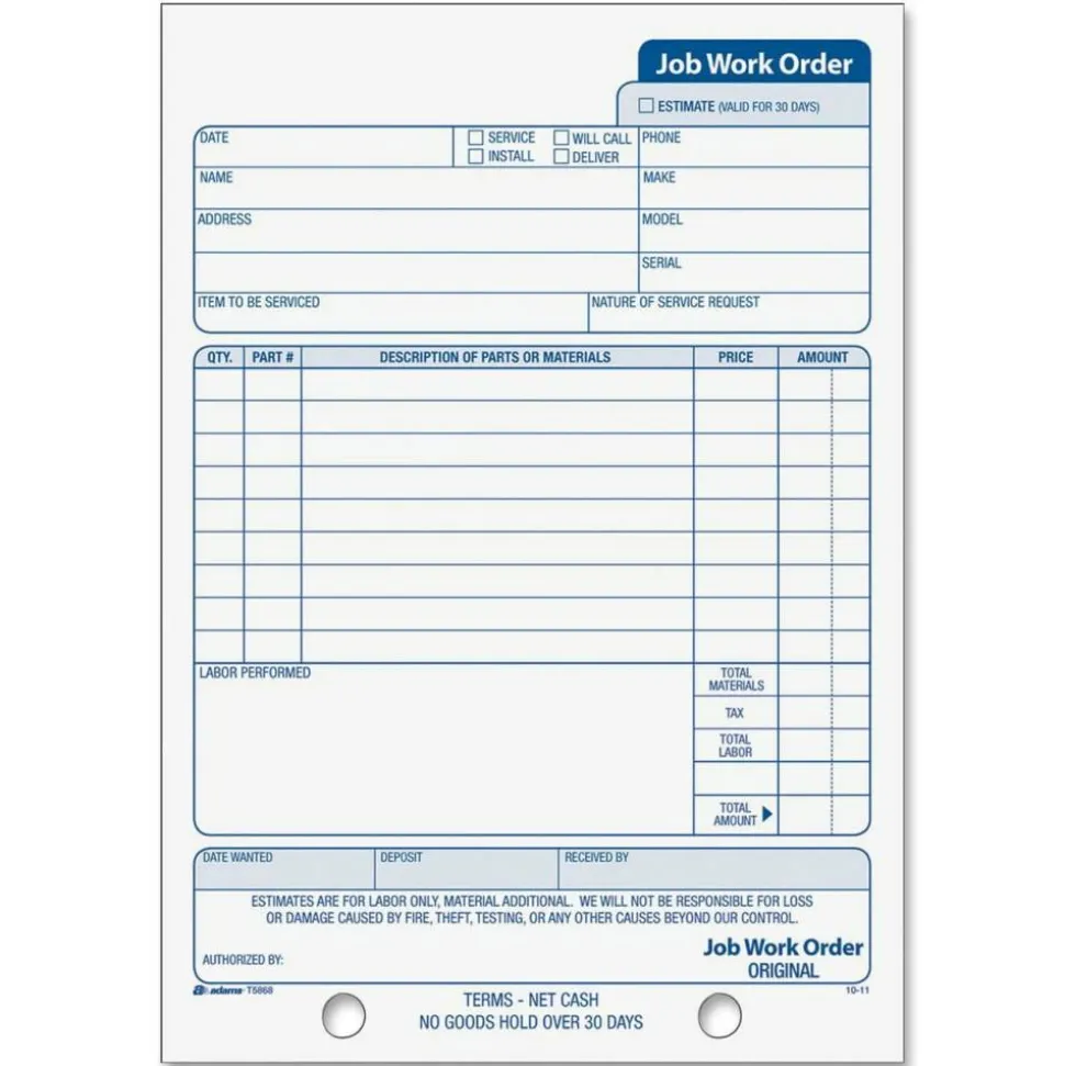 Adams Carbonless Job Work Order Book, 5 9/16" x 8 7/16", 3-Part, White/Canary/White Tag