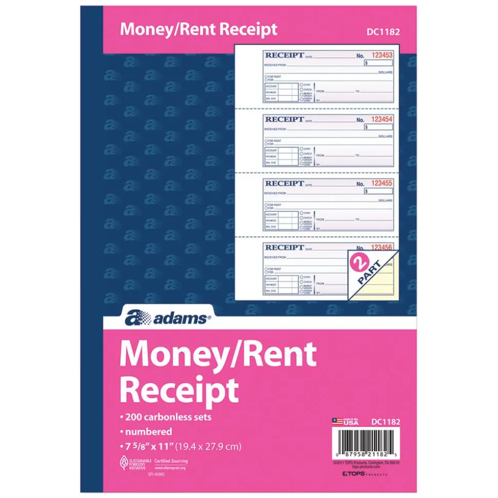 Adams Carbonless 2-Part Money/Rent Receipt Book, 7 5/8" x 11", Book Of 200 Sets