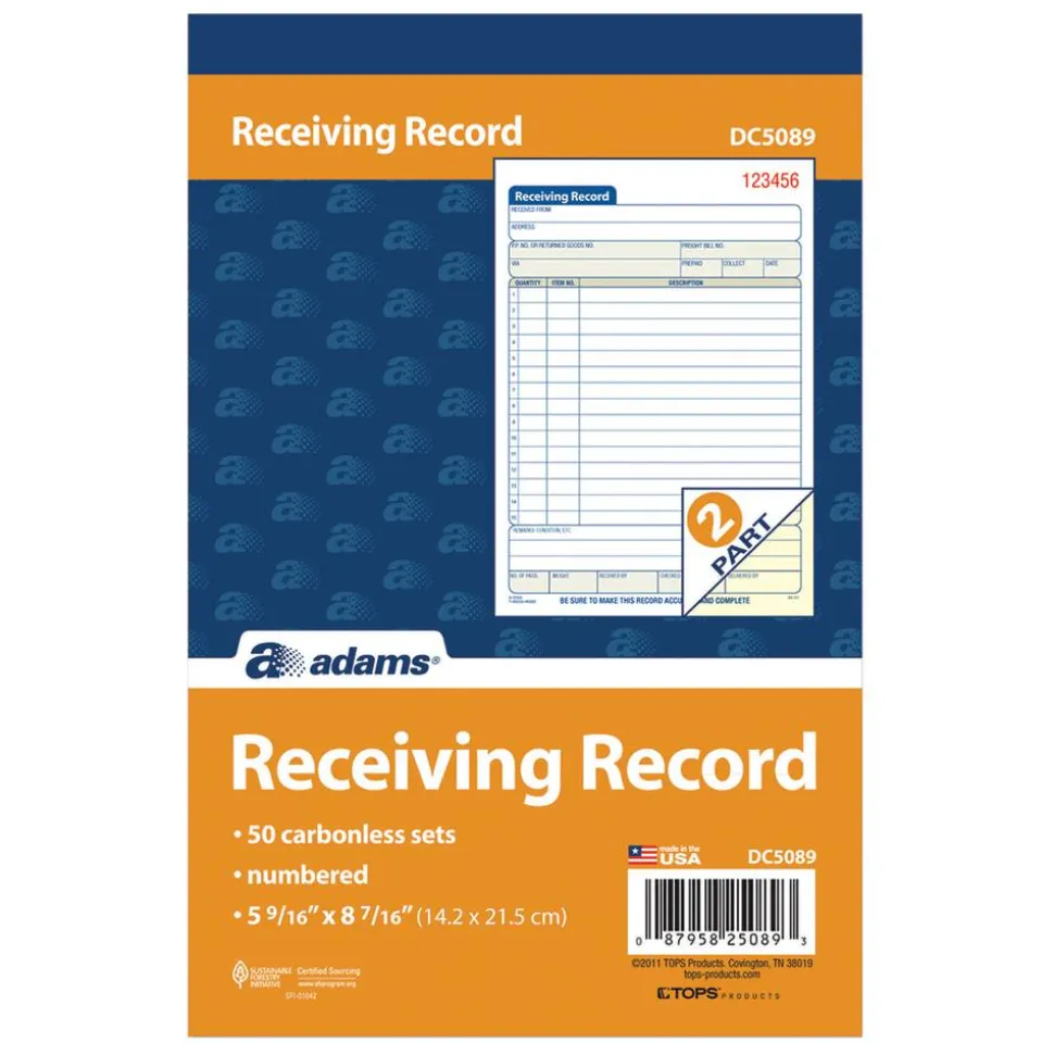 Adams Carbonless 2-Part Receiving Record Book, 5 9/16" x 8 7/16", Book Of 50 Sets