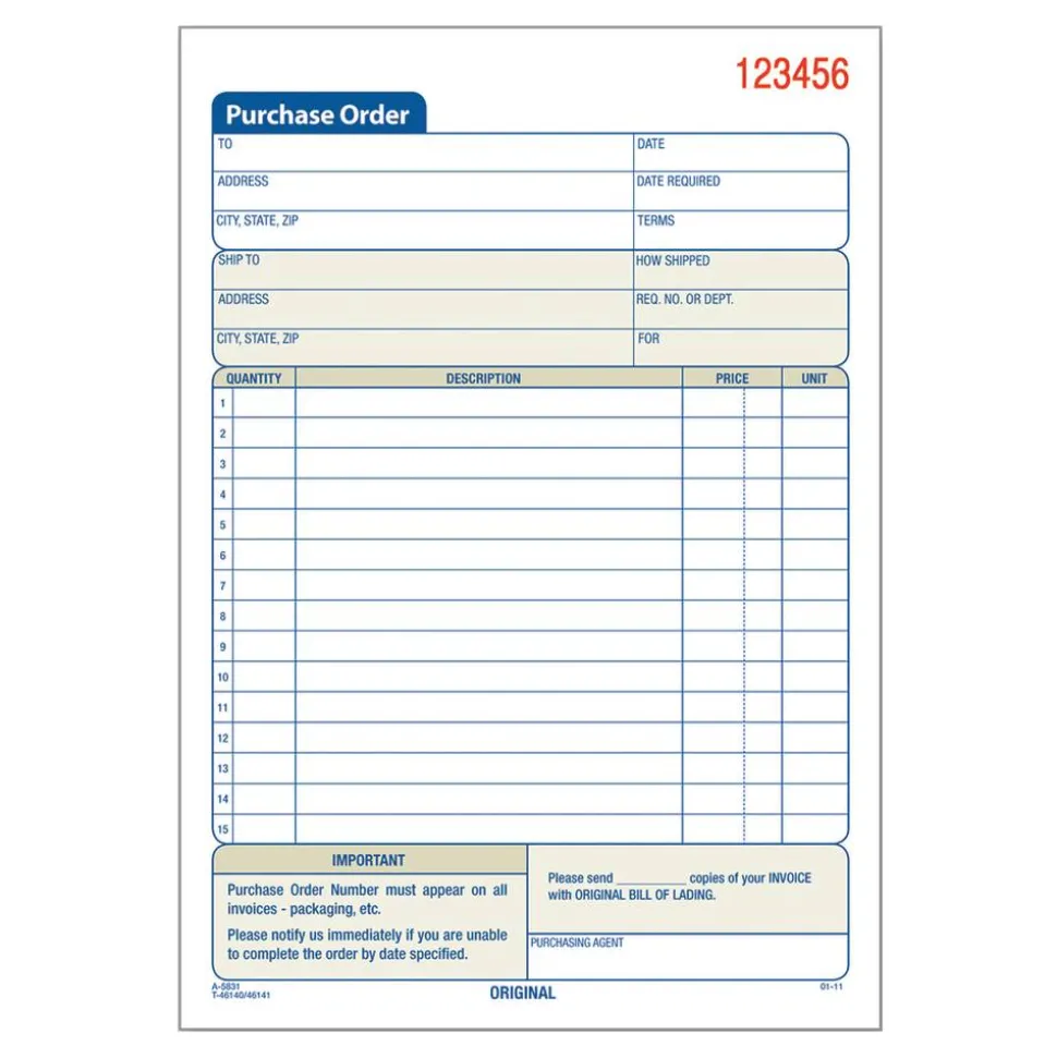 Adams Carbonless Purchase Order Book, 5 9/16" x 8 7/16", 2-Part, 50 Set Pad