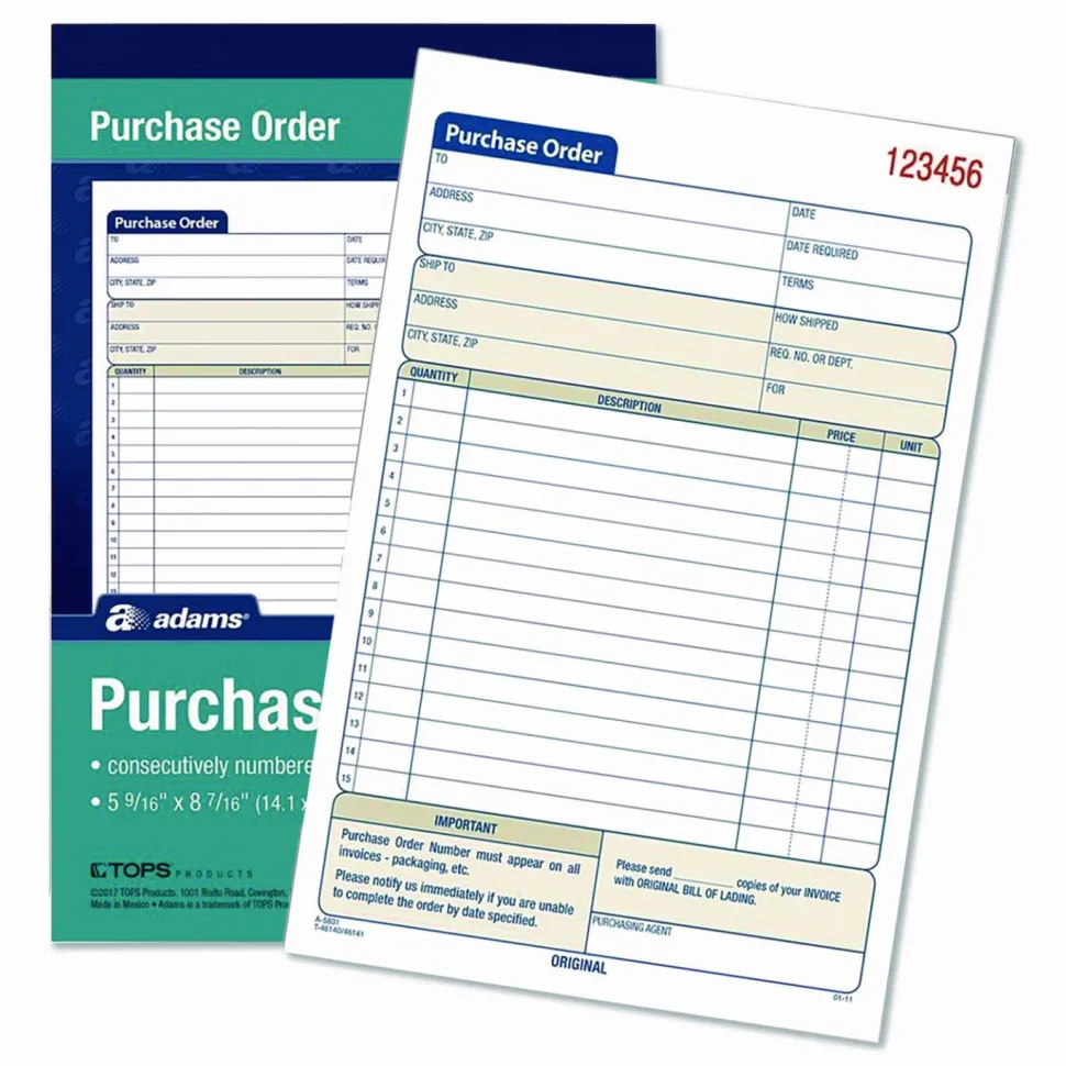 Adams Carbonless Purchase Order Book, 5 9/16" x 8 7/16", 2-Part, 50 Set Pad