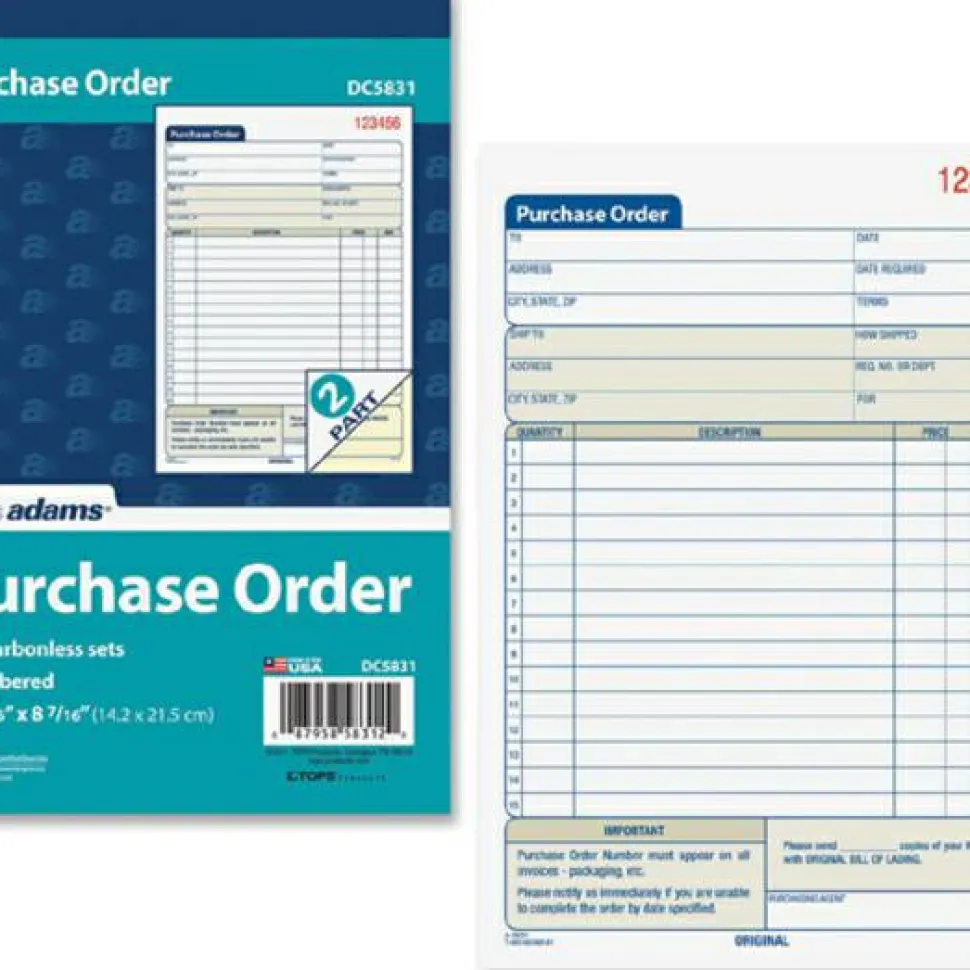 Adams Carbonless Purchase Order Book, 5 9/16" x 8 7/16", 2-Part, 50 Set Pad