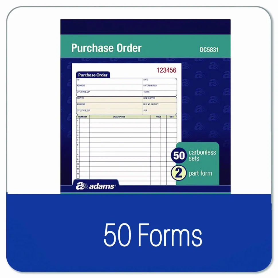 Adams Carbonless Purchase Order Book, 5 9/16" x 8 7/16", 2-Part, 50 Set Pad
