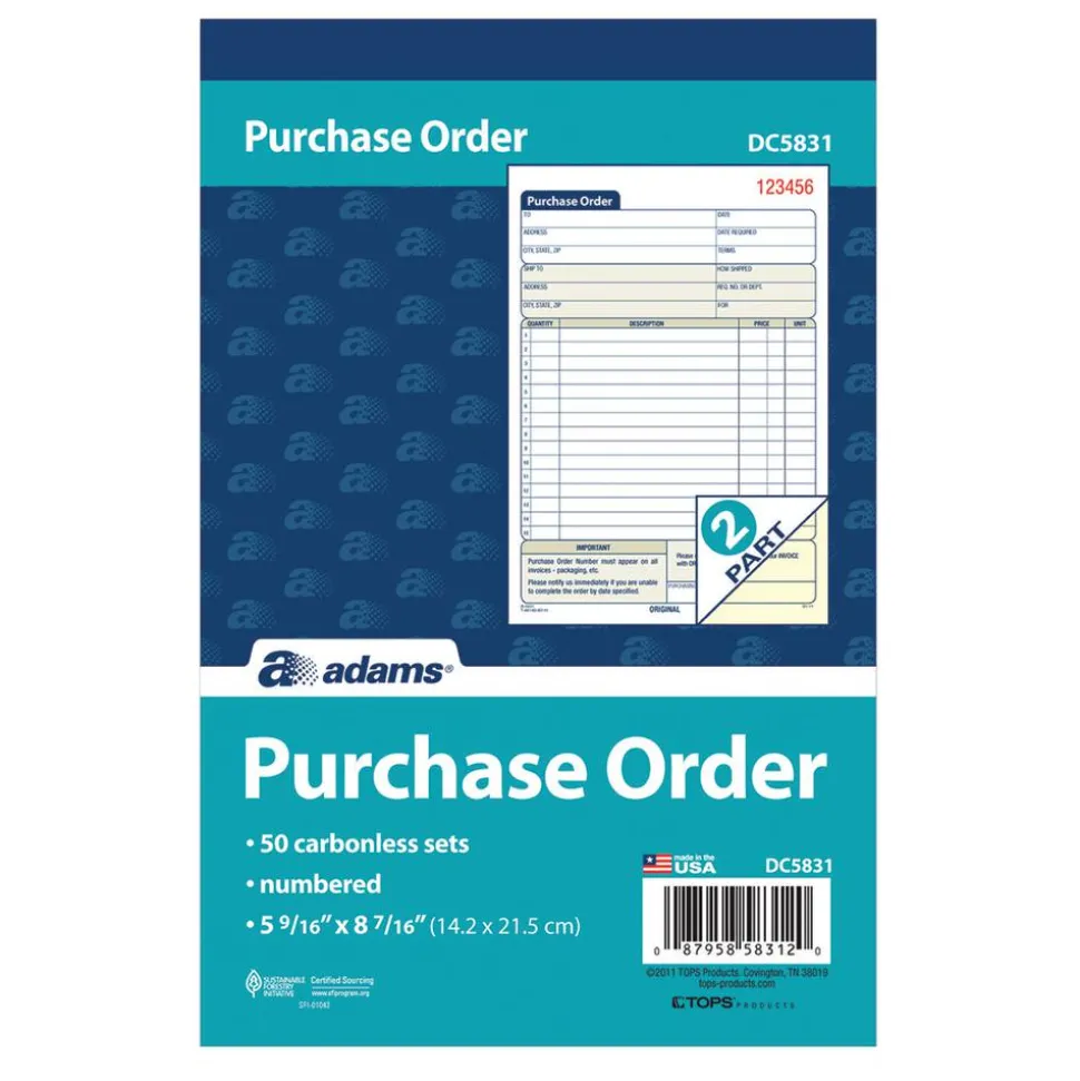 Adams Carbonless Purchase Order Book, 5 9/16" x 8 7/16", 2-Part, 50 Set Pad