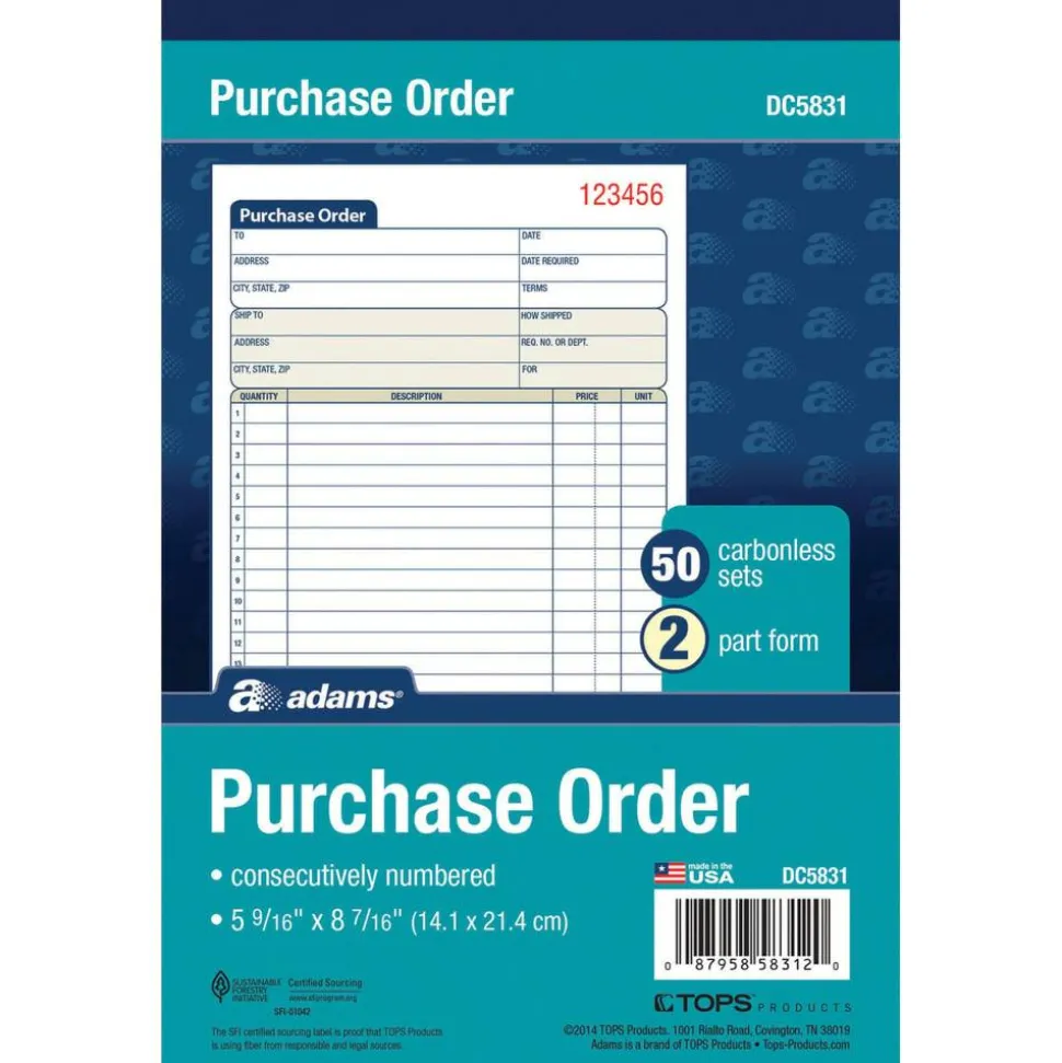 Adams Carbonless Purchase Order Book, 5 9/16" x 8 7/16", 2-Part, 50 Set Pad