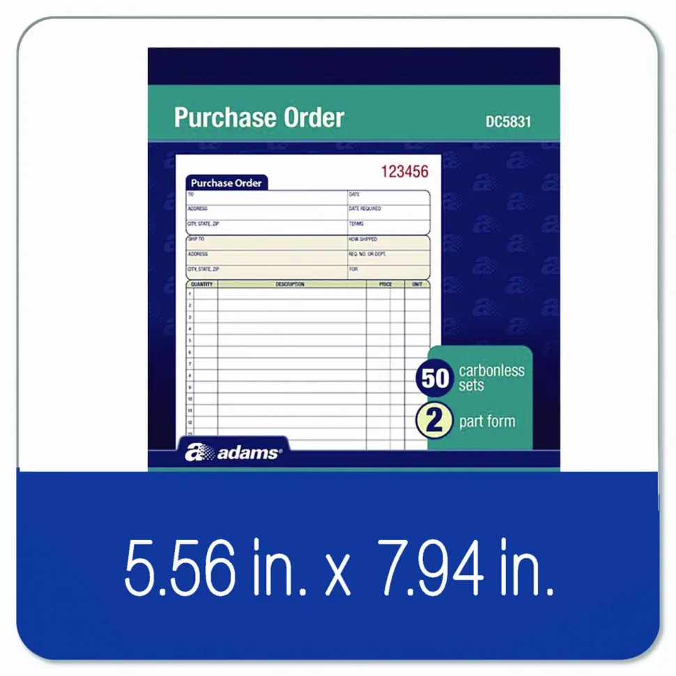 Adams Carbonless Purchase Order Book, 5 9/16" x 8 7/16", 2-Part, 50 Set Pad