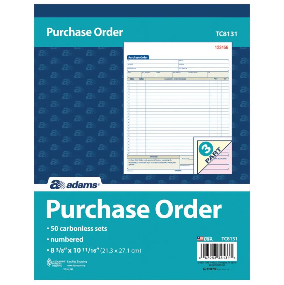 Adams Carbonless Purchase Order Book, 8 3/8" x 10 11/16", 3-Part, 50 Set Pad