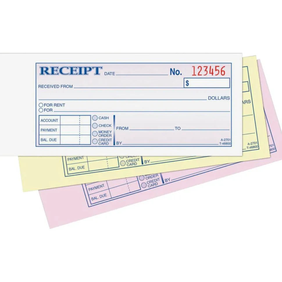 Adams Money/Rent Receipt Books, 7 3/16" x 2 3/4", 3-Part, Carbonless, 50 Set Book