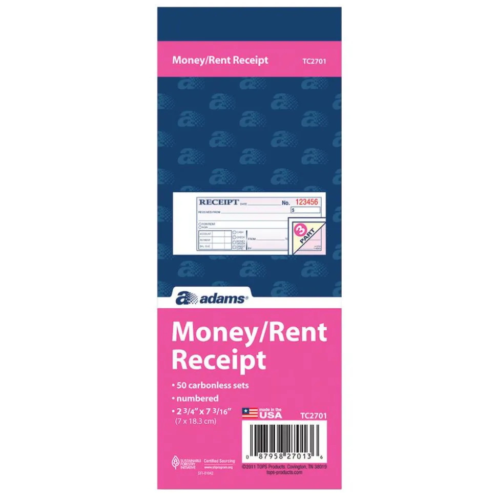 Adams Money/Rent Receipt Books, 7 3/16" x 2 3/4", 3-Part, Carbonless, 50 Set Book