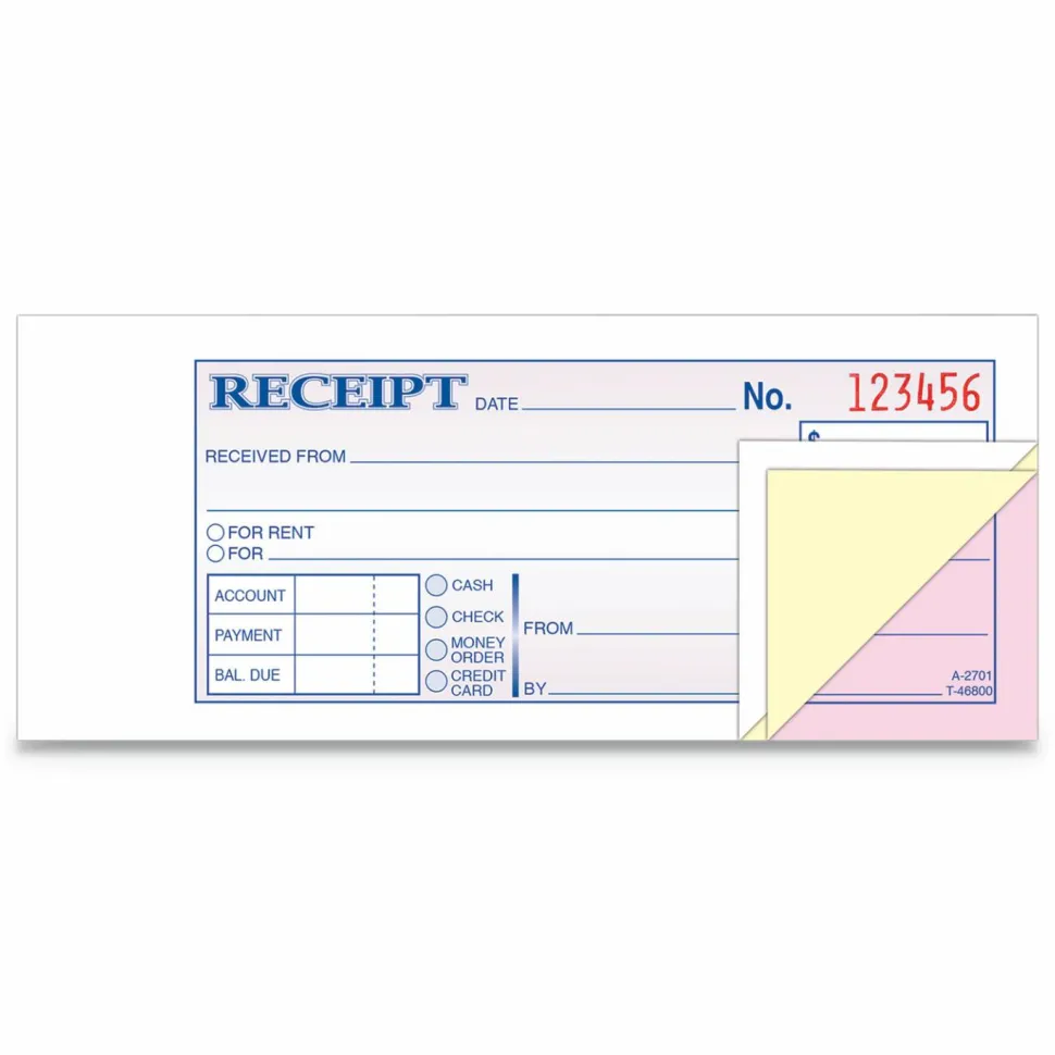 Adams Money/Rent Receipt Books, 7 3/16" x 2 3/4", 3-Part, Carbonless, 50 Set Book