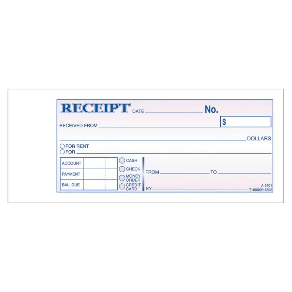 Adams Money/Rent Receipt Books, 7 3/16" x 2 3/4", 3-Part, Carbonless, 50 Set Book