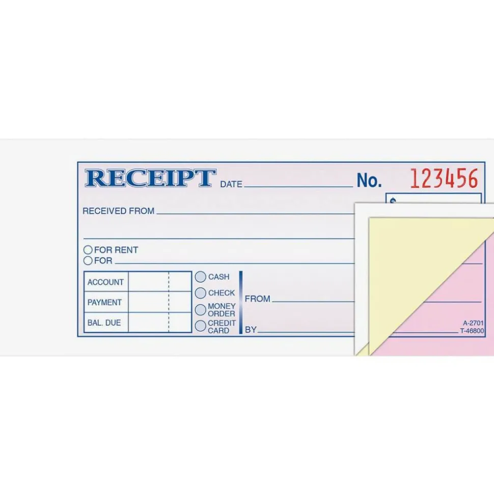 Adams Money/Rent Receipt Books, 7 3/16" x 2 3/4", 3-Part, Carbonless, 50 Set Book
