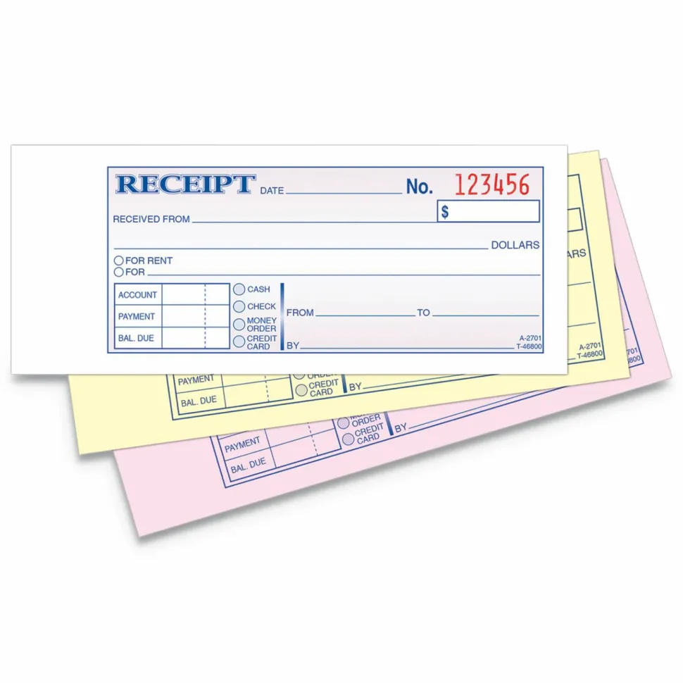 Adams Money/Rent Receipt Books, 7 3/16" x 2 3/4", 3-Part, Carbonless, 50 Set Book