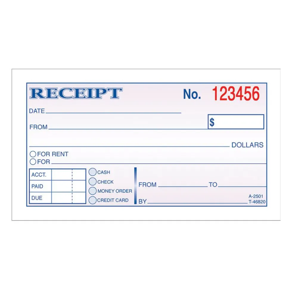 Adams Money/Rent Receipt Book, 5 3/8" x 2 3/4", 2-Part, Carbonless, 50 Set Book