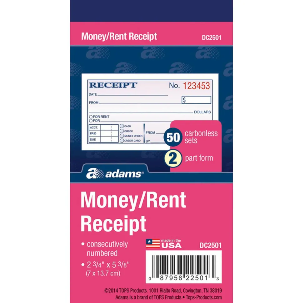 Adams Money/Rent Receipt Book, 5 3/8" x 2 3/4", 2-Part, Carbonless, 50 Set Book