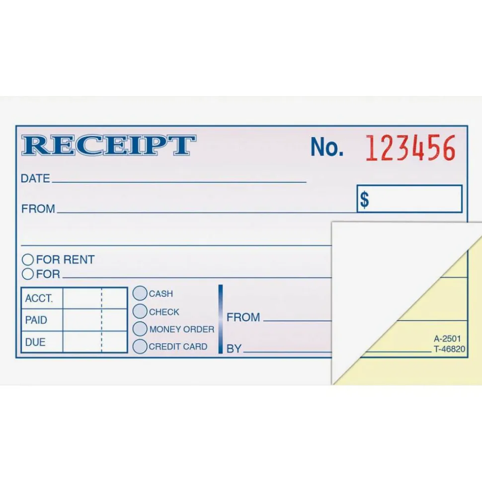 Adams Money/Rent Receipt Book, 5 3/8" x 2 3/4", 2-Part, Carbonless, 50 Set Book