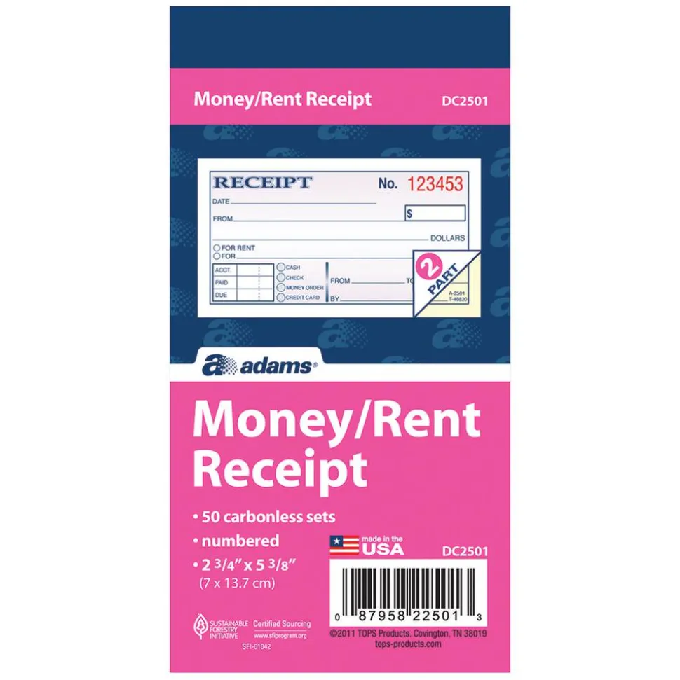 Adams Money/Rent Receipt Book, 5 3/8" x 2 3/4", 2-Part, Carbonless, 50 Set Book