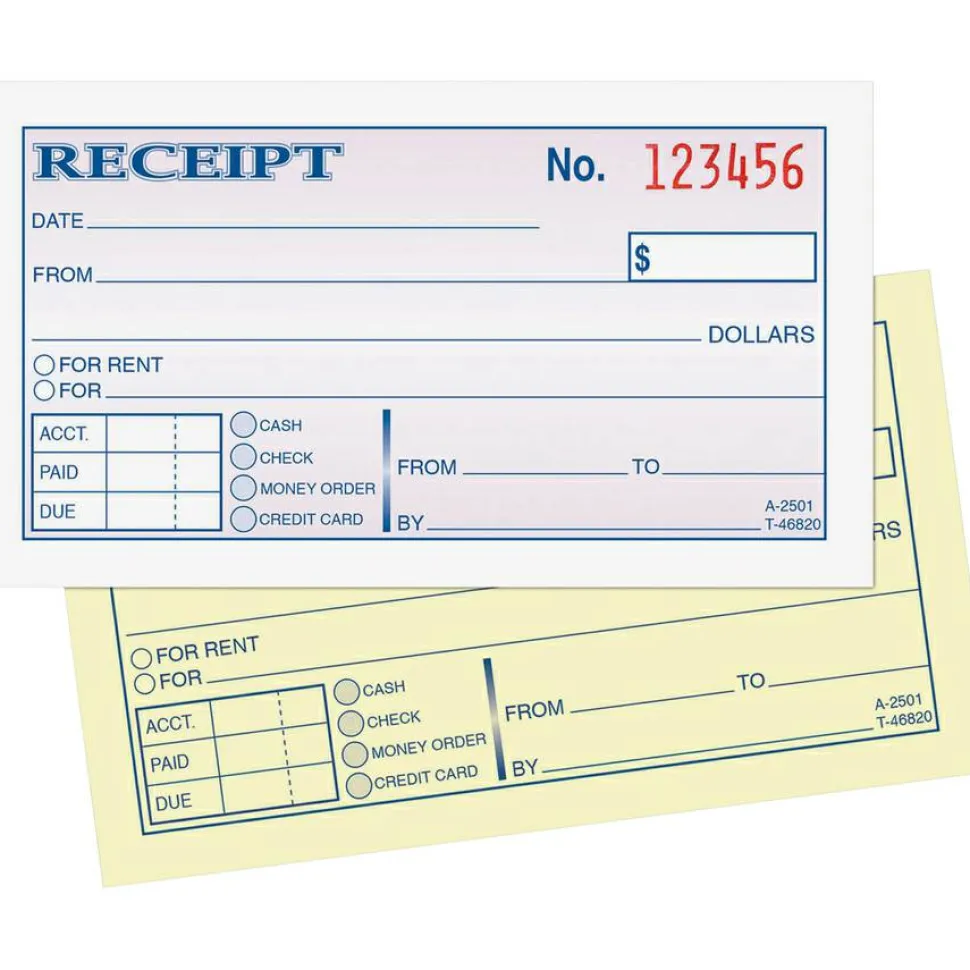Adams Money/Rent Receipt Book, 5 3/8" x 2 3/4", 2-Part, Carbonless, 50 Set Book